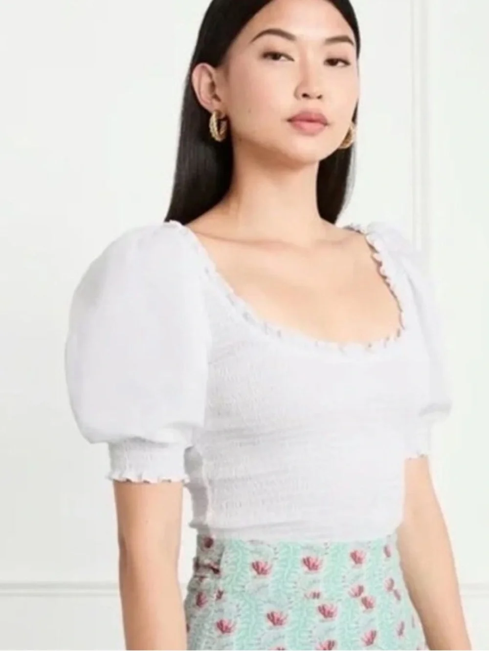 Hill House the aiko white‎ smocked top with puff sleeves large